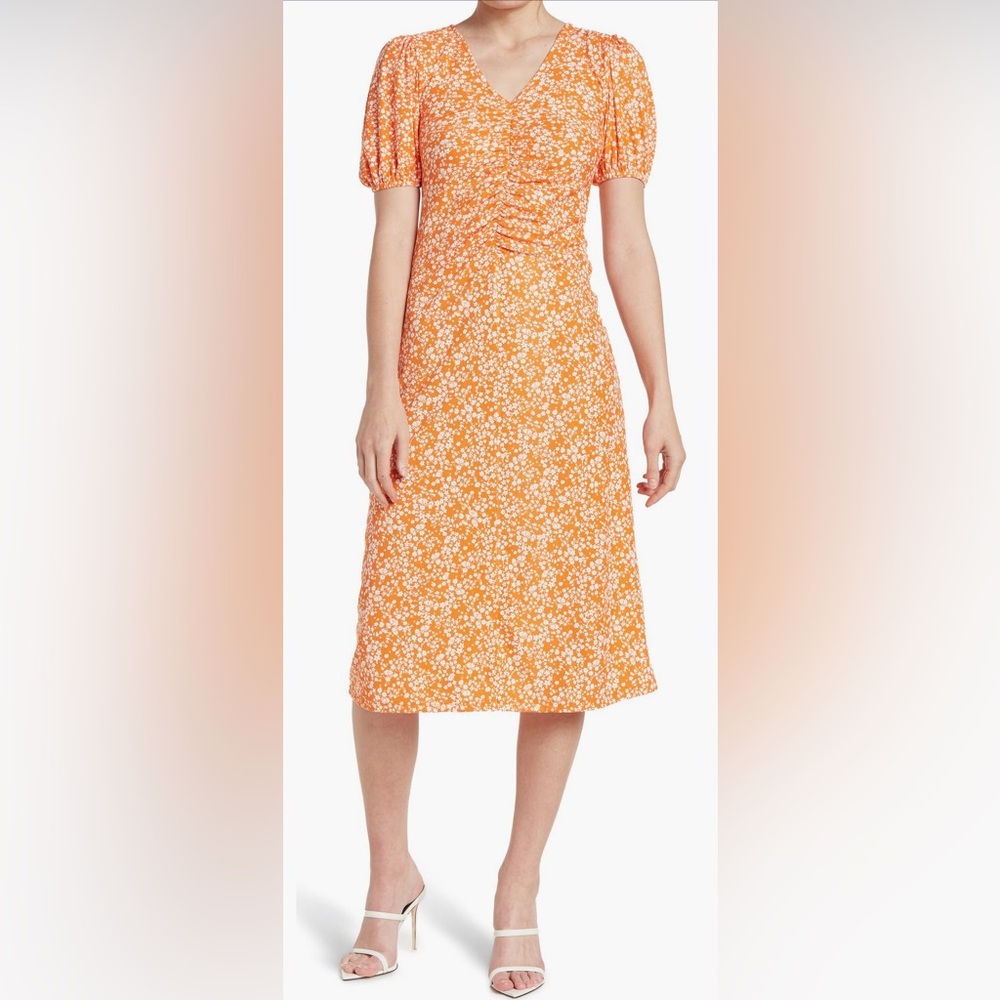Good Luck Gem Ruched Puff Sleeve Midi Dress